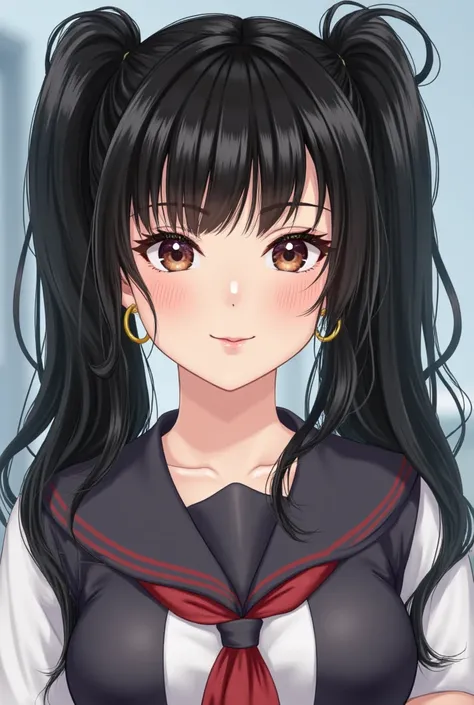 Meet Madden, Black very long twintails, bangs, school yearbook, Hot, school uniform, hoop earrings, makeup, Masterpiece, High Resolution, Accurate, High Details, Textured Skin, photography, poster, pose, Realistic. 