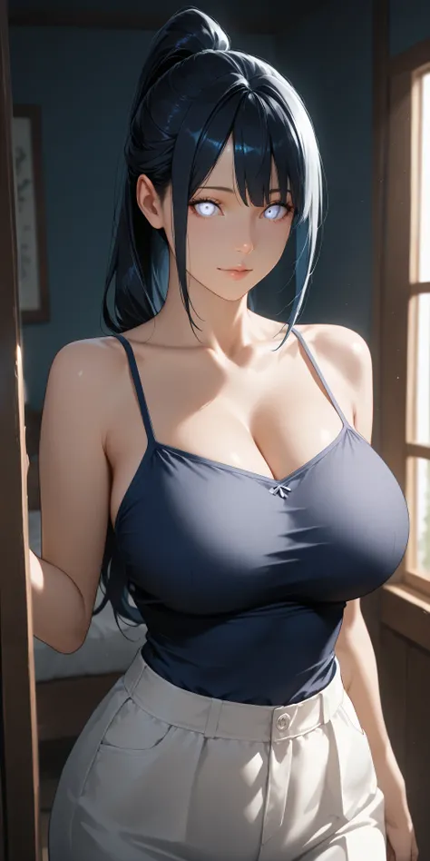 Masterpiece, newest, high contrast, high quality, ultra HD,very aesthetic, vibrant, mature female, hinata hyuga, high ponytail long hair, black hair color, white eye color, camisole, perfect breast, upper body, ultra detailed, highres, best quality, home, ...