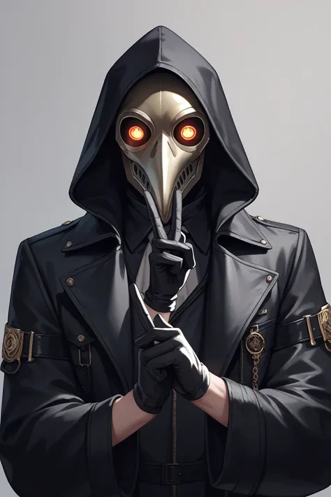 Puppet puppet.  Paren. Plague Doctor Mask.  Black coat and hood. Black gloves  