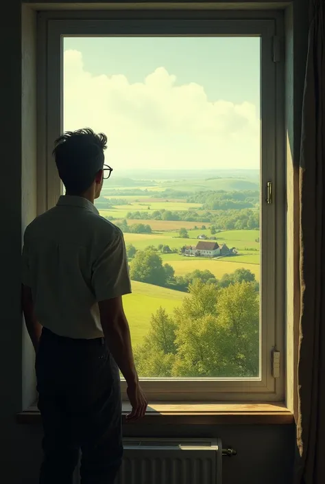 A man seek through his window and seeing a large space of  land