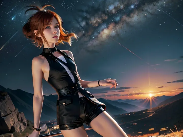  short hair,  orange hair,  slim body,  small bust,  black clothes,  pretty legs,  black tights , Hands to Heaven,  mountainous landscape,  Starry Sky,