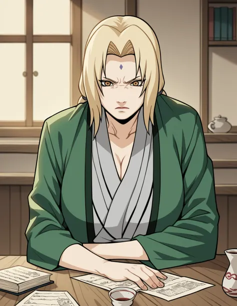  score _9,  score _8_arriba,  score _7_arriba,   source  _animated,  anime style illustration ,  High Quality,  ultra detailed , Tsunade Senju from Naruto Shippuden, working in his office, sitting at her desk in Hokage ,  expression of tiredness,  papers a...