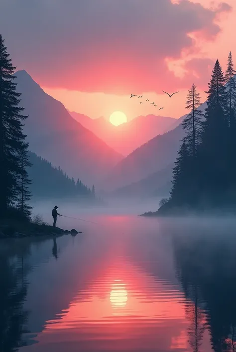 A stunning 4K ultra-high-resolution landscape of a tranquil lake at sunrise. The mysterious sun rises behind mountains, casting a warm glow over the still water, which reflects the sky’s vibrant hues of pink, orange, and deep blue. Mist gently hovers above...