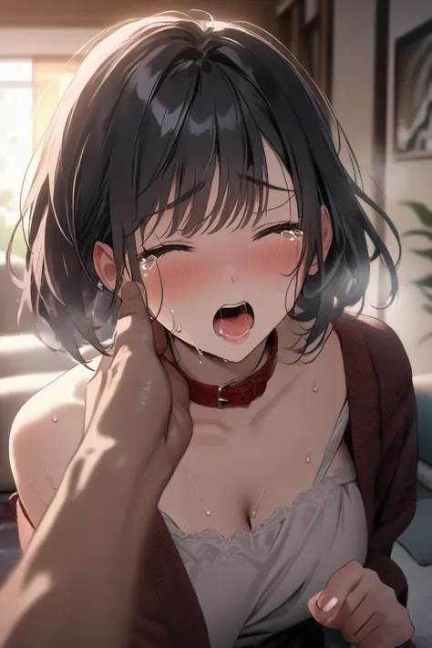 op quality, masterpiece,  high res, 8k, (1 girl), Alone, (((face shot))),  black hair short hair, ecstasy, A warm living room, open mouth, (((close up))), (((Shedding tears and suffering))), POV hand, (POV makes me suck a man's finger), steam, sweat,  red ...