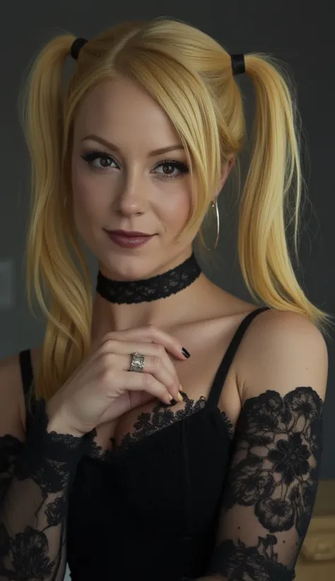 Meet Madden, Blonde long twintails, misa amane,
She wears a gothic black dress and a choker, hoop earrings, makeup, Smile, Masterpiece, High Resolution, Accurate, High Details, Textured Skin, photography, Realistic. Photography, Cinematic, Pretty Face.