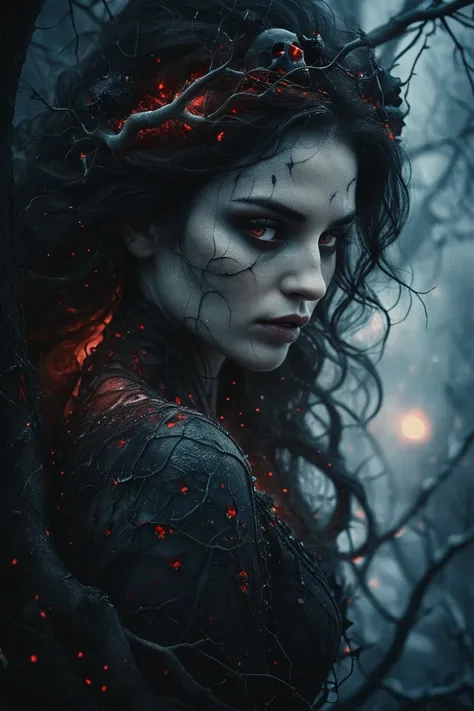 black roses in frost, gothic, evil ice queen, gloomy, twilight, dark fantasy style, winter fire, blizzard, snakes, night, blurred reality, fading away, Tree roots as veins, sad girl, broken heart girl, ripped up red roots as veins, Trypophobia, Anna Dittma...