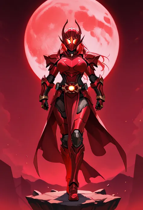  Masterpiece,  top quality,  high res,  1girl , Alone、Red Necromancer、Red Armor 、 red helmet、Red Iron Breastplate、Big Breasts、 Wear a red iron mask on your face 、red iron gauntlet worn on the arm、 red iron boots、 full body、Red moon in the background、Rider ...