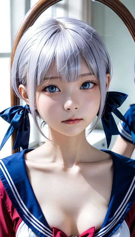 ((((There is a Japanese woman in front of a mirror、Chuckling、 sailor collar 、round face))))、(((( Face Up ))))、break ((((( close-up face、Zoom up collarbone )))))、 (((((( firm chest、Separated Breasts ))))))、((( blue eyes、Silver-white hair、short twintalis、Cat...