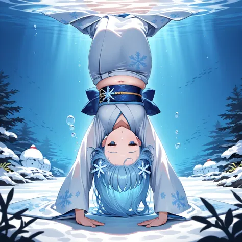  top quality, Masterpiece,Snow Woman,Blue Hair, blue eyes, kimono, snowflake accessory,Underwater upside down , sleeping pose with belly button out 