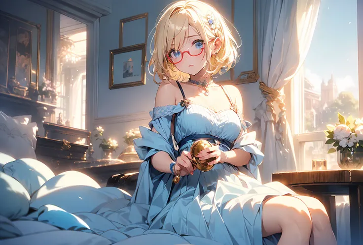 16k、 Masterpiece、 high definition、 high res、(( young woman))、(( beautiful white skin))、((Beautiful blonde))、 bob hair、 short hair、(( beautiful blue eyes))、 blue dress、 Compa、 moon、 red glasses、、solo、Alone、clock