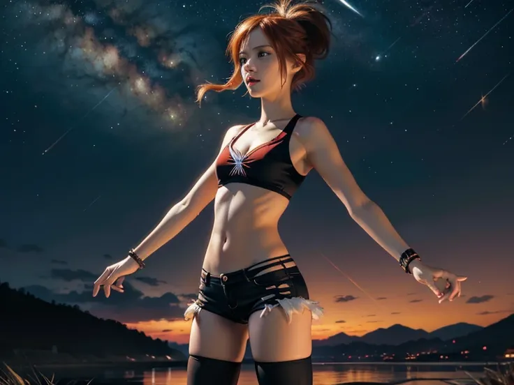 chica, Red bra,  short hair,  orange hair,  slim body,  small bust,  black clothes,  pretty legs,  black tights , Hands to Heaven,  mountainous landscape,  Starry Sky,