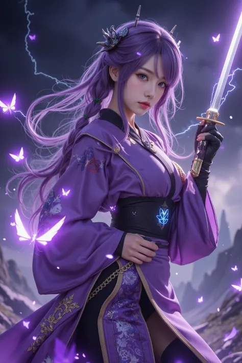 (Ultra-high quality, hyper-detailed, 8K, anime-style, cinematic lighting),  
(Raiden Shogun:1.3, elegant yet commanding presence, intense gaze, divine and ethereal aura),  
(Long, flowing violet hair with intricate braids, adorned with electro-themed ornam...