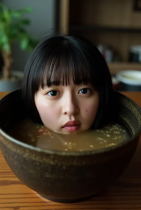 The high resolution photograph of a beautiful young woman's disembodied head in the miso soup bowl on table top, photo realistic, masterpiece, amazing quality, intricate details, professional lighting, close-up of her head, face focus, black hair with thic...