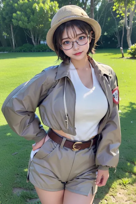 (   top quality、8k、  Award-winning work  、     super high resolution )、  Beauty 、(   khaki bush jacket   ,   sexy cleavage  :1.1)、 Perfect big  、(  blonde:1.1)、  bright 、(((  thick frame glasses   )))、  PERFECT GAL MAKEUP、  bright and shiny lipstick、Very s...