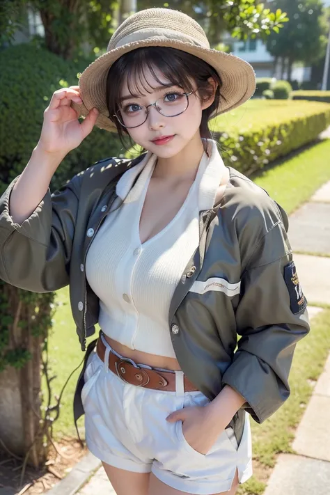 (   top quality、8k、  Award-winning work  、     super high resolution )、  Beauty 、(   khaki bush jacket   ,   sexy cleavage  :1.1)、 Perfect big  、(  blonde:1.1)、  bright 、(((  thick frame glasses   )))、  PERFECT GAL MAKEUP、  bright and shiny lipstick、Very s...