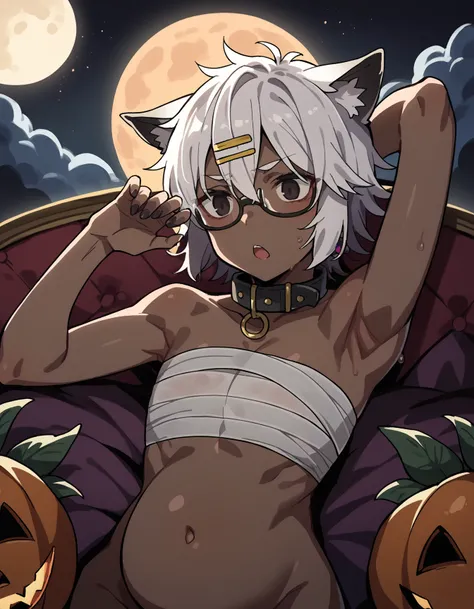  Fraction _9,  Fraction _8_up,  Fraction _7_up, source_ cartoon,

 dark skin ,    dark eyes   , 
, short hair,  dark hair,     black thick-rimmed glasses   ,    black eyes   ,, 超Flat chest,, , bandage,    Halloween costume   , 纏著bandage的手臂,    Zombie Pose ...