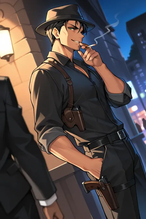 masterpiece, best quality, very aesthetic, absurdres, safe, male, handsome man, adult, fit, black hair, green eyes, Clyde Barrow, black gangster outfit, fedora, gun holster, grin, rolled up sleeves, cigarette, dynamic angle, night, Fate/Stay Night art Styl...