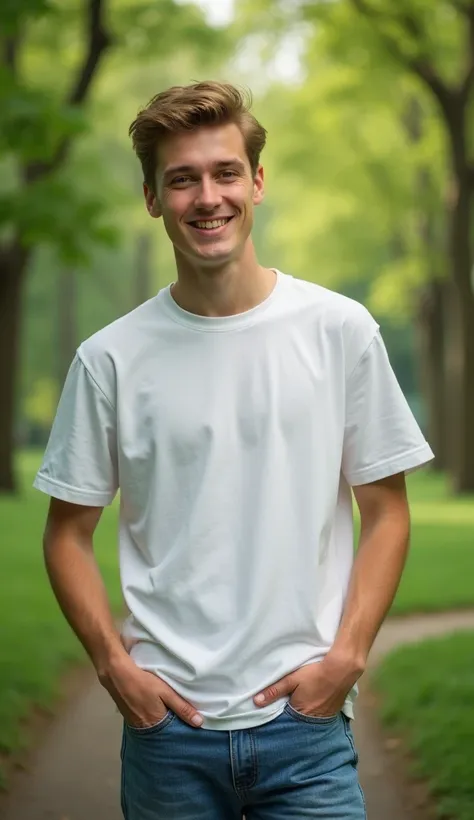 25 year old German male
White T-shirt and jeans, fresh green park