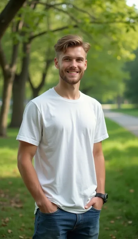 25 year old German male
White T-shirt and jeans, fresh green park