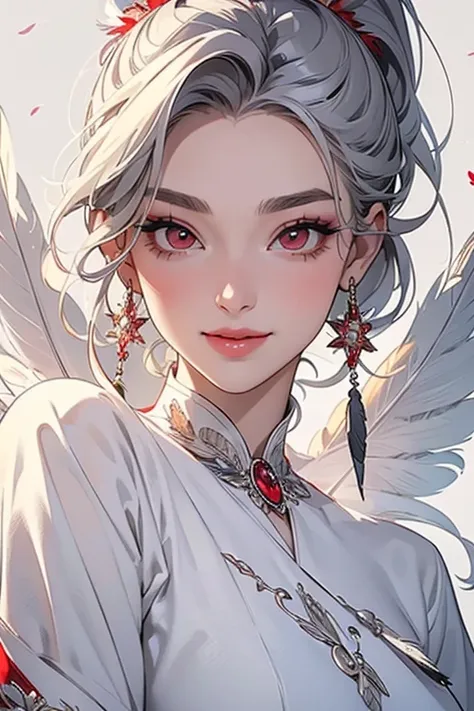 (  top quality,   masterpiece:1.2),   nothing , 最高  masterpiece、  very detailed,   by Mr. Nomi:1.37,   fantasy,   illustration ,  gray hair、   red eyes、  queen,   white dress 、Platinum decoration、  beautiful、 Eye Shadow Red   、Thick eyebrows、long eyelashes...