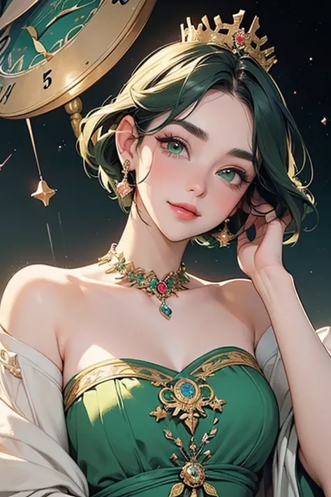 (     top quality ,     masterpiece:1.2),        very detailed  ,     exists:1.37,        fantasy,     Illustration  ,     Green Eyes、       queen   , Platinum decoration、    beautiful、((     pats her head with a gentle smile  )).    ((  short hair)). Eye ...