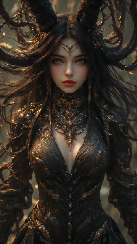 Magically depicting a powerful witch with exquisite jewels in her body,  Magical atmosphere ,  fine fit 的細節,  charming eyes ,  Brilliant presence ,  defiant and charming ,  Ancient Goddess-like beauty , Mysterious and Mysterious , Stately style ,  is chara...