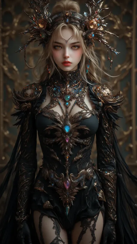 Magically depicting a powerful witch with exquisite jewels in her body,  Magical atmosphere ,  fine fit 的細節,  charming eyes ,  Brilliant presence ,  defiant and charming ,  Ancient Goddess-like beauty , Mysterious and Mysterious , Stately style ,  is chara...