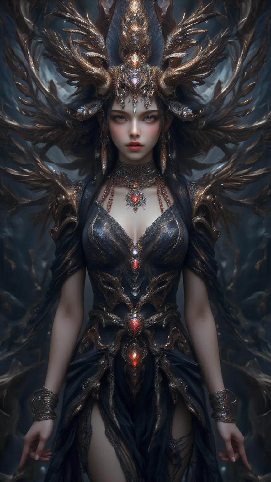 Magically depicting a powerful witch with exquisite jewels in her body,  Magical atmosphere ,  fine fit 的細節,  charming eyes ,  Brilliant presence ,  defiant and charming ,  Ancient Goddess-like beauty , Mysterious and Mysterious , Stately style ,  is chara...