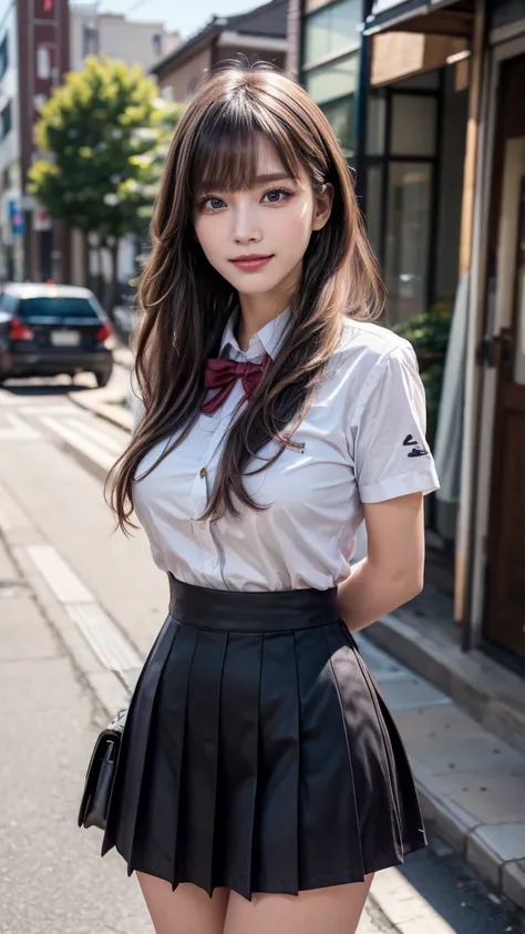 a beautiful 18 year old Japanese high school girl with perfect anatomy, healthy thighs, beautiful legs, beautiful skin, random hair color and style, large breasts, (wearing a Japanese schoolgirl uniform:1.3), (she is standing:1.2), penny loafers, holding a...