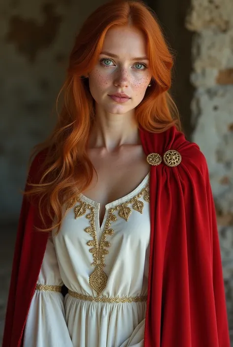 You have changed too much, Resume the previous image. Human priestess in white travel dress embroidered with light gold and red cloak. On her white dress embroidered with gold, there are small gold symbols on her shoulders..  The woman has smooth, red hair...