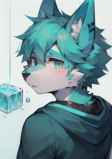 Male furry, boy, teal fur, blue clothes, ice cube square 