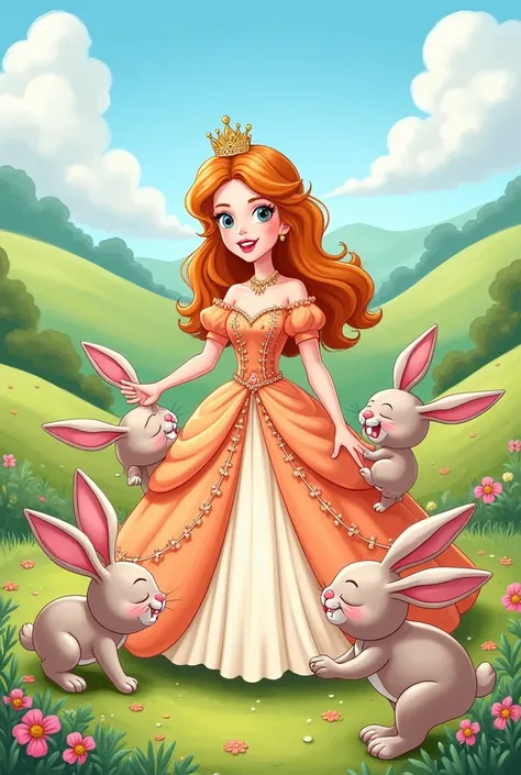 Create a cartoon image of a princess playing with bunnies. The princess should be visible head to toe.