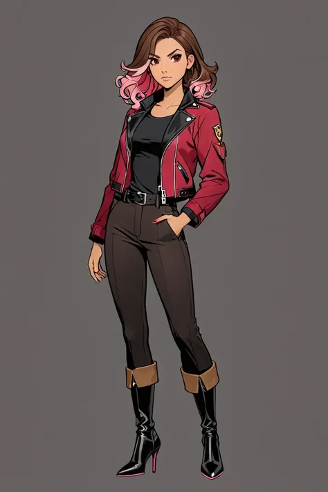 A female character ,  with wavy brown hair with pink highlights on the tips, tanned skin, light brown eyes, wearing a dark red jacket, black pants, and boots with black heels