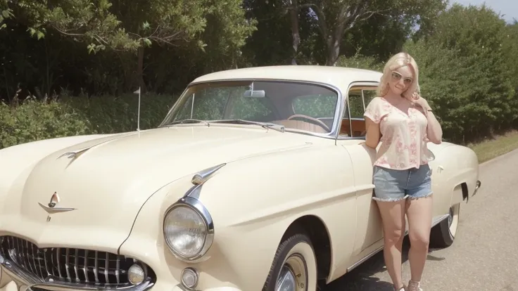  Beautiful vintage cars from the 50s ,  pinup, blonde, white shirt with us , shorts jeans,  blinking, Suburban road,  from a distance