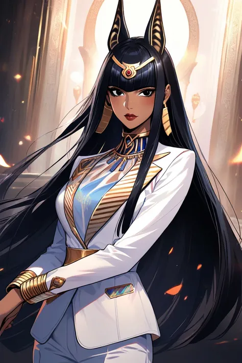  Beautiful woman. egyptian.  realism sharp facial features.  Black straight hair.  Sharp thin ears, like a Doberman. black eyes .  dressed in a white suit 