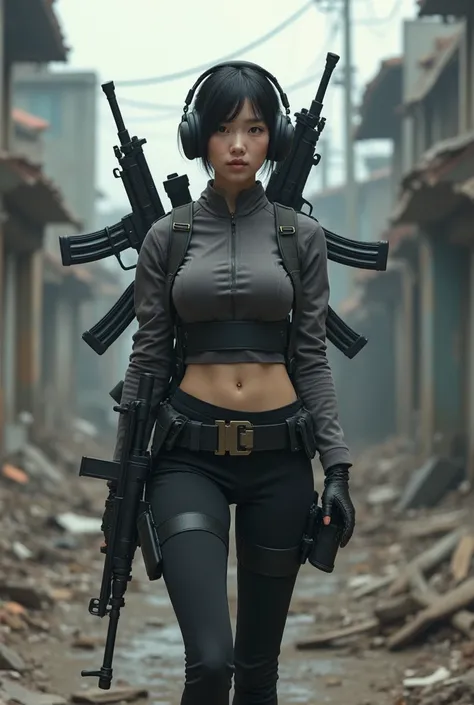 beautiful asian girl 20 years old big breasts big breasts short hair realistic photo realism wearing high quality headphones wearing tight black gray clothes wearing a belt holding a m416 gun looking at the camera high quality photo girl walking into the r...