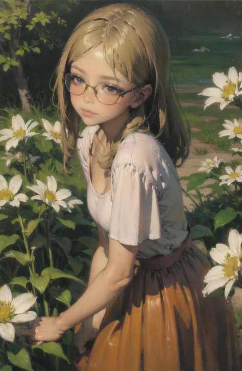  close-up shot , Anime girl with white glasses , Stand on land, night view ,Many stars shining in the night sky, Milky Way ,  colorful flowers,headshot close-up,  oil painting style ,  Very easy to understand oil painting strokes,  IMPRESSIONIST PALLET STY...