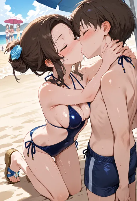   young,  breasts of different sizes , close ,sweat, love juice , ,saliva,color々 hairstyle,kiss, sandals on the skin, Costume, swimsuit, beach, parasol