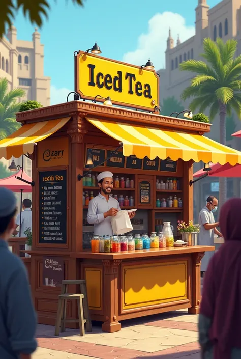  Kiosk in ramadan bazaar, ais tea kiosk ,  yellow black banner 