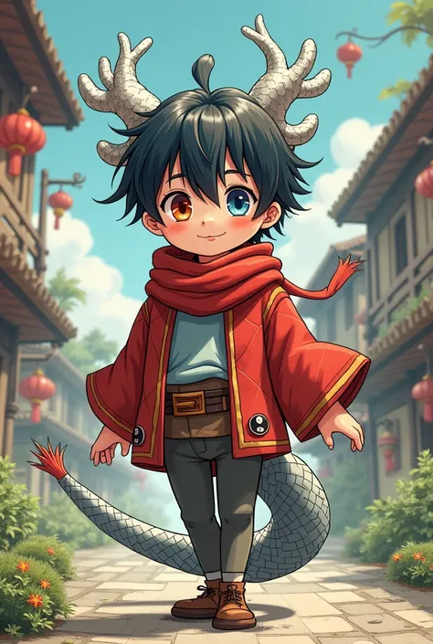 Japanese comic style，A twelve-year-old boy with a plump figure ，Wear a red scarf、 ager in cropped tights and stepped on pantyhose，A tall and tall ， with silver dragon horns on his head and silver dragon tail ， eyes blue and orange longans 