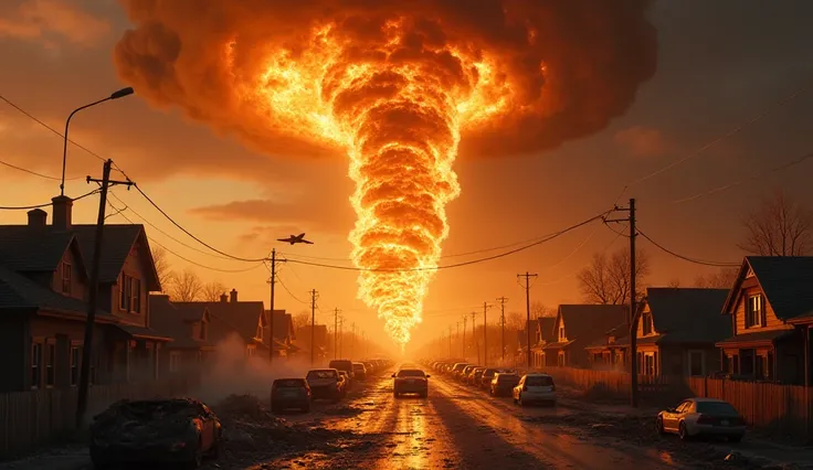 "A realistic scene depicting a massive fire tornado in the center of a large town, rotating violently and sucking up cars, houses, and debris into its fiery orbit. The tornado, tall and fierce, has flames twisting at its core, with the intense heat radiati...