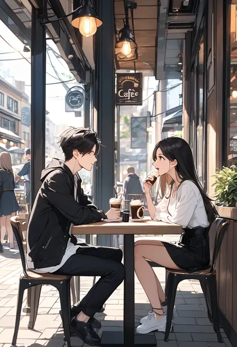 Urban area,Cafe, couple, with their mouths, sitting, facing each other