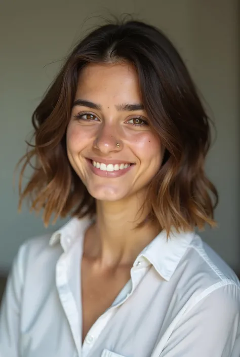 Arab Student, College Girl, Twenty One Year Old, Law Student, Cute, Light Brown Hair, Wavy Bob Haircut, Beautiful Smile, Wearing A White Shirt, Portrait Image, Candid.