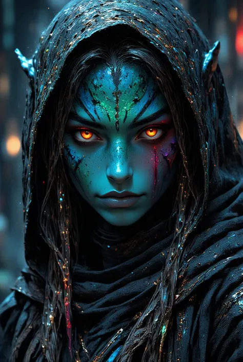 Make a na'vi ( from the movie James Cameron's avatar ) a girl 22 years old .  She looks more like a human in facial anatomy ,  but the cat's nose with pink ,  but the skin is blue with blue stripes all over the face(Like a tiger) .  red eyes.  black hair, ...