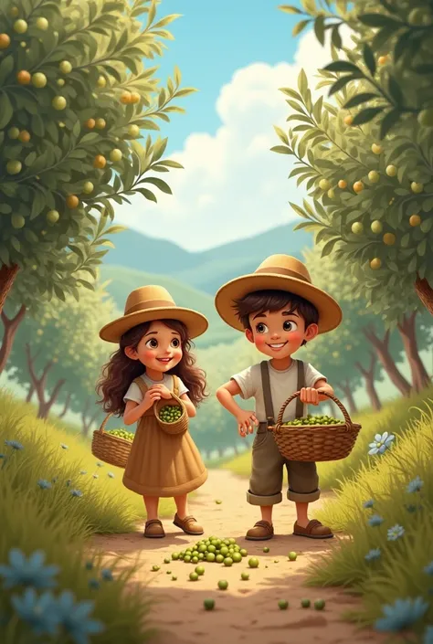 A boy and a girl harvest the olive 