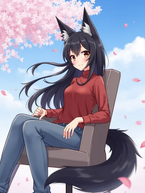 1girl, with black wolf tail, sky, cherry blossoms, petals, black hair, long hair, wolf ears, masterpiece, brown eyes, light smile, wearing long jeans, with red shirt, full body,Detail, High Quality, sitting in a chair 