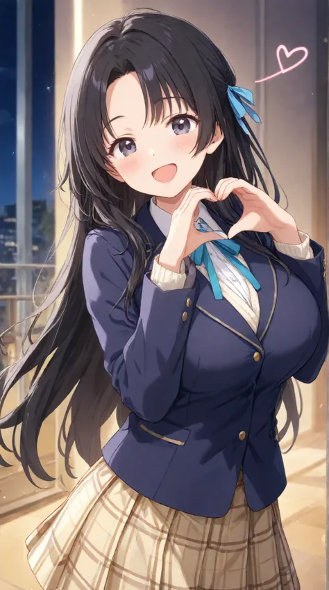    girl,   Big Breasts,    、   night、 blazer、 check skirt、School、 long hair,   black hair , bangs,    ,  smile,  ,  smiles,   , （One girl 1.2）, ,  open your mouth, （ blue ribbon）、Heart in hands