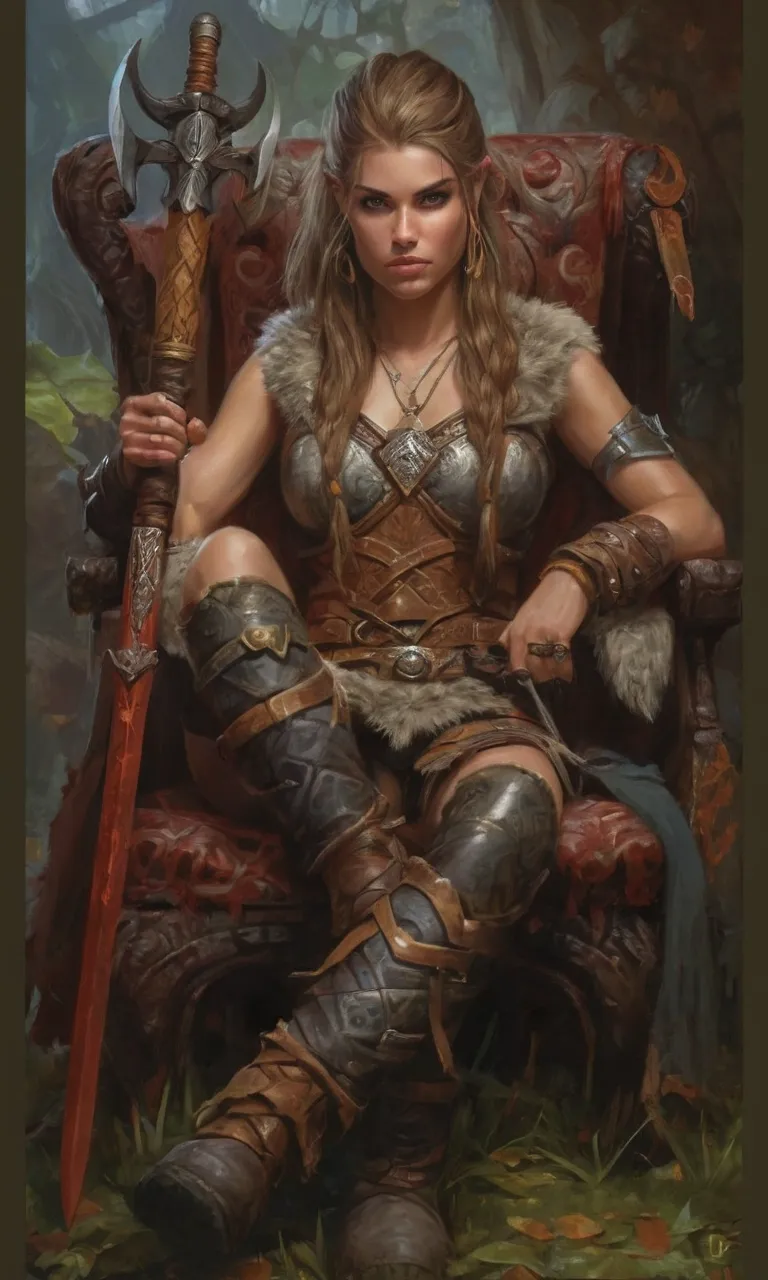 a of beautiful woman sitting in a chair with a sword, tyler edlin fantasy art, a very beautiful berserker woman, beautiful character, fantasy genre portrait, female viking, detailed fantasy art, portrait of a barbarian female, highly detailed fantasy art, ...