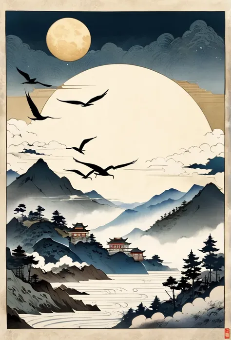  ukiyo-e、日本のgod話,    Inspired by India, Ink painting, lotus, Chinese painting style,   Above the Clouds、    amazing、god々Shine、 gold,   Big Moon、 Steep Mountain々、Flying Cranes 、Pine Forest、hanging scroll、