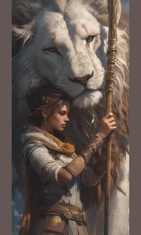 Beautiful of a woman holding a stick next to a large white lion, wojtek fus, jessica rossier and brian froud, 4k fantasy art, by Ryan Barger, alena aenami and artgerm, from horizon: zero down, ross tran and michael whelan, trending on cgsociety art, best o...